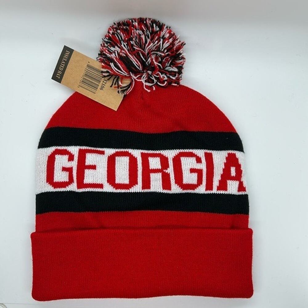 Red Georgia Stocking Cap Hat Beanie Knit Pom Pom Insulated Lined Cuffed NWT